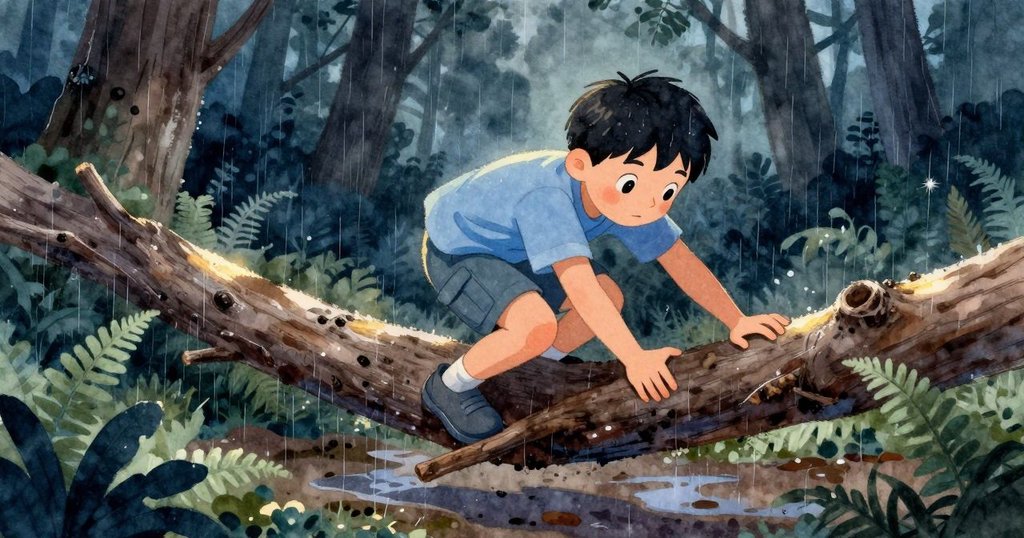 在細雨中，Zev利用濕潤的粗樹枝搭成踏板，小心滑過倒下的原木，周遭布滿水漬與蕨類