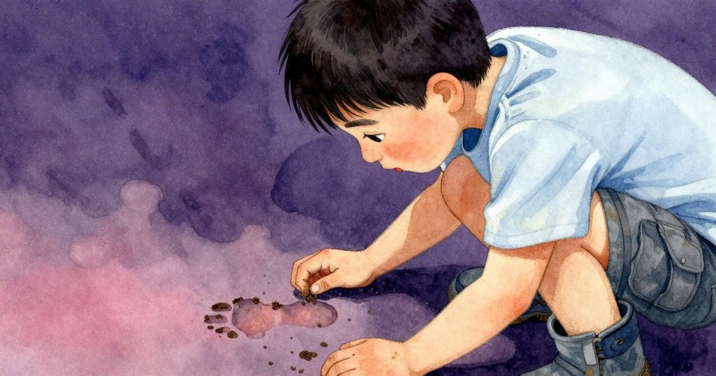 Zev停下腳步仔細觀察鞋上泥跡與逐漸消失的腳印，臉上流露出深思與自我發現