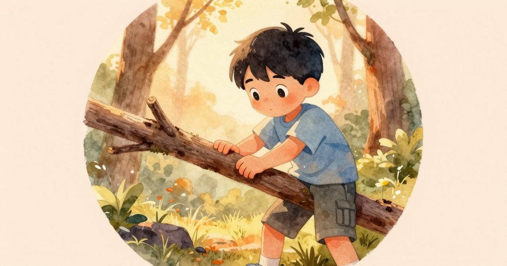 在寧靜的森林中，Zev將樹枝固定在原木上，聽著樹枝輕敲樹皮的節奏，雨勢漸停，心情平和