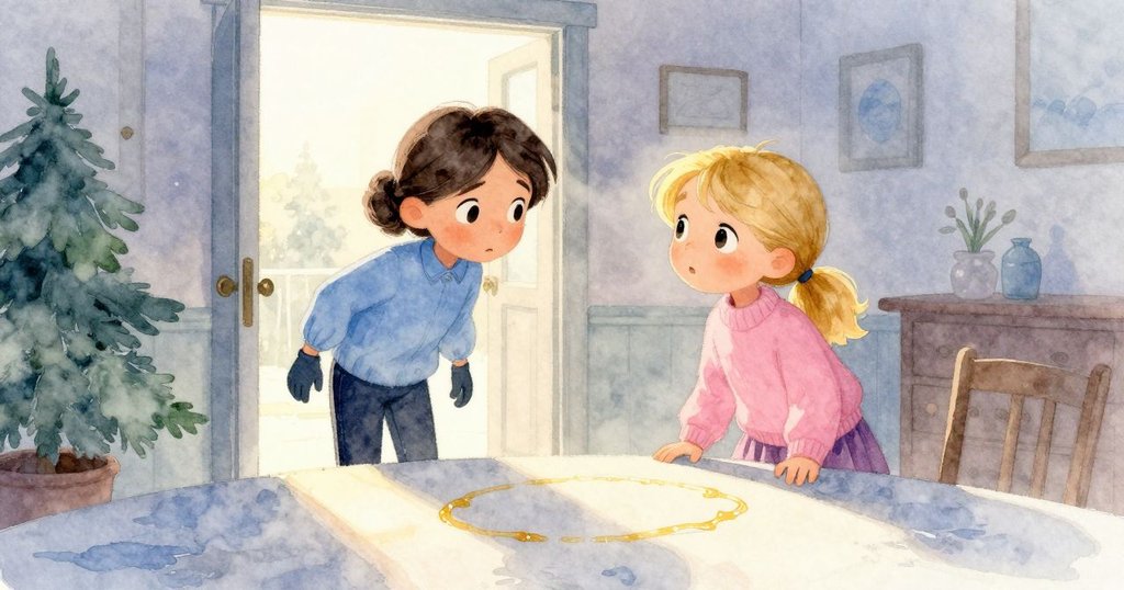 Tatiana早晨進入房間，仔細檢查桌上黏稠金色痕跡，Joelle在旁邊專注記錄，現場溫暖充滿期待。