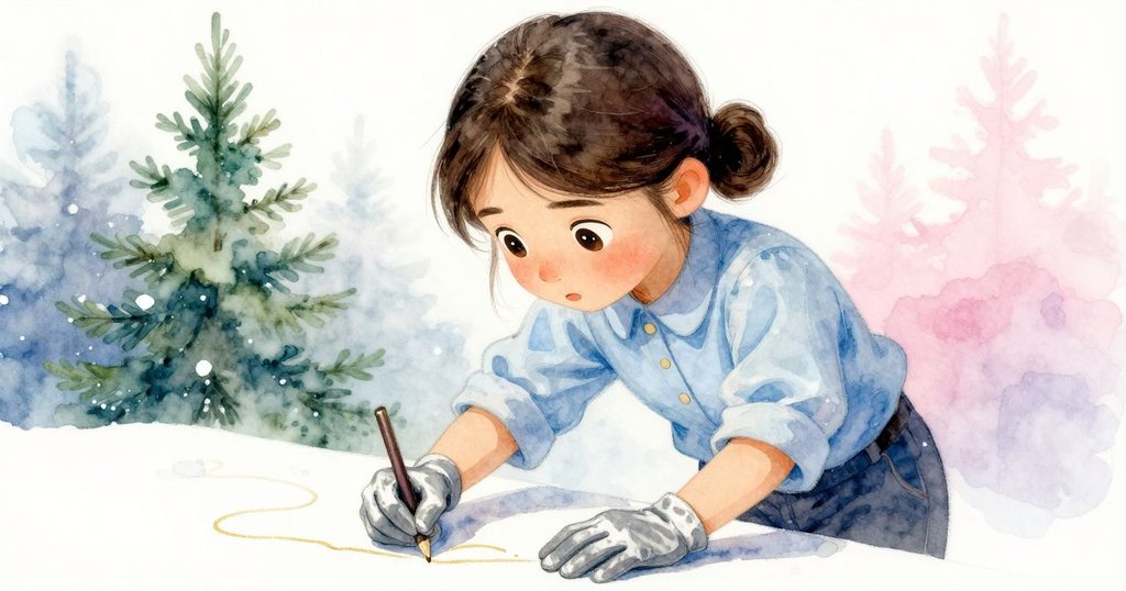 Tatiana專注地用手套指尖輕觸桌上黏稠金色痕跡，面部表情充滿好奇與決心，細節豐富。