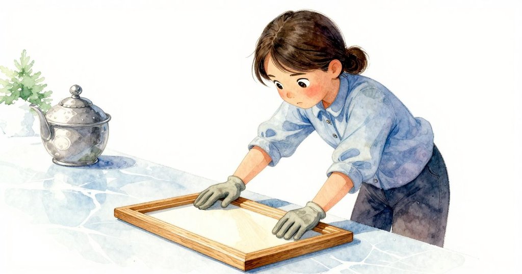 Tatiana從低角度發動動作，用橡木間隔塊穩固傾斜的蜂蜜框，動作果斷，背景溫馨且細節豐富。