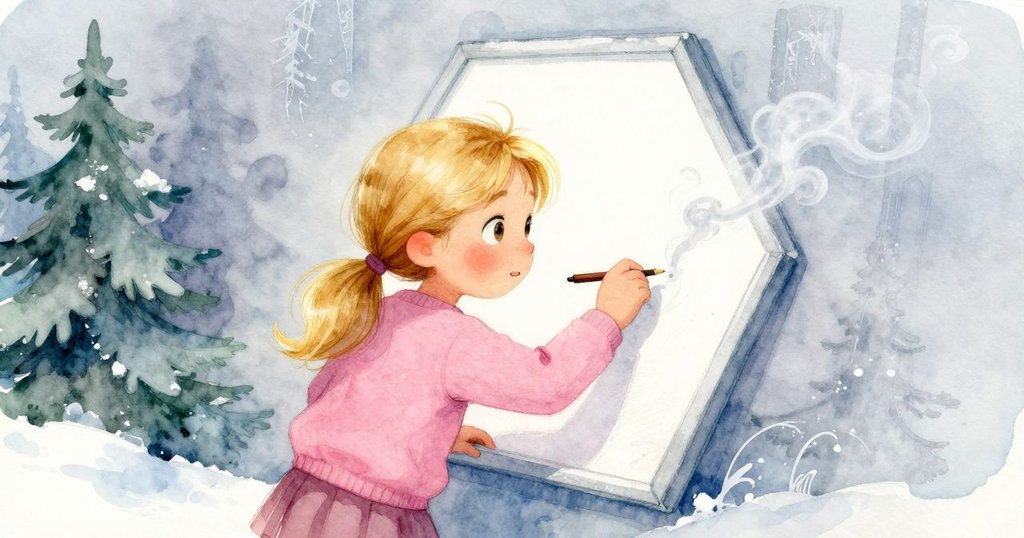 Joelle專注於速寫蜂蜜框內六邊形，背景有微冷光線和飄散煙霧，展現季節轉換的細膩氛圍。