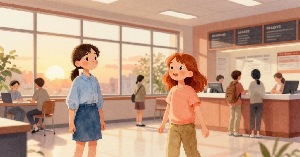 喬西和艾瑞斯在光線明亮的郵局內忙碌，背景顯示大窗戶與整潔工作臺，情緒專注準備一天工作