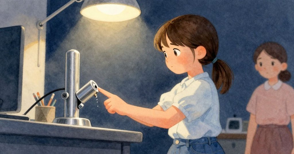 喬西以低角度仰望，堅定地觸碰凜冽膠帶機邊緣，神情專注尋找隱藏尾端