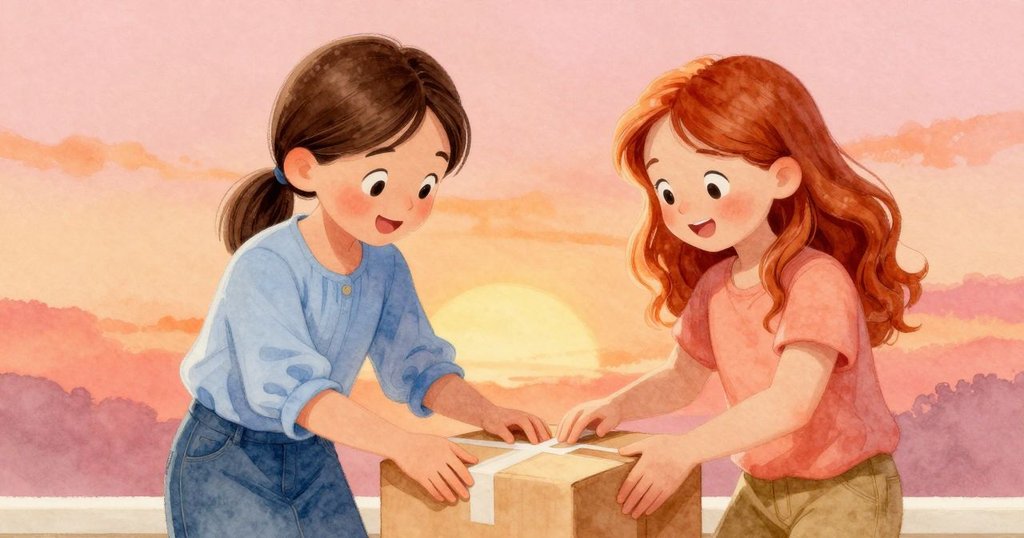 艾瑞斯滿懷欣喜退後，喬西專注在包裹上貼膠帶，兩人互動自然流露真摯歡笑