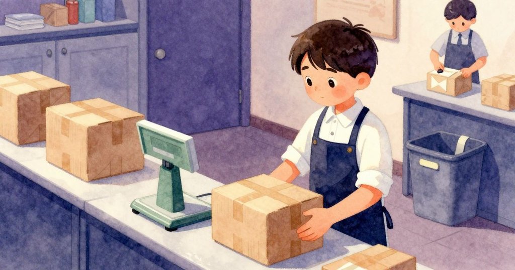 郵局櫃檯上包裹完成，數字秤綠光閃爍，回收箱邊膠帶靜置，背景職員有序蓋章結束忙碌