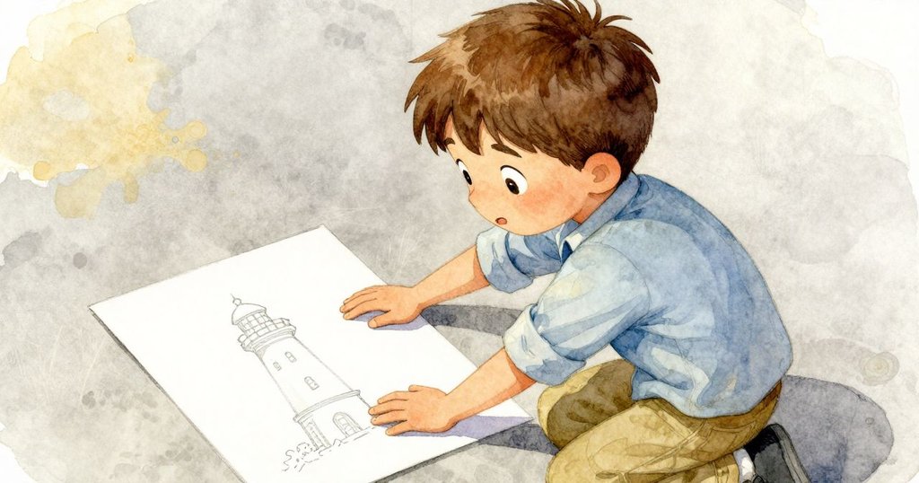 從上方視角看懷亞特正在按壓燈塔印章，紙面上的印記斑駁不全，營造出故事推進感