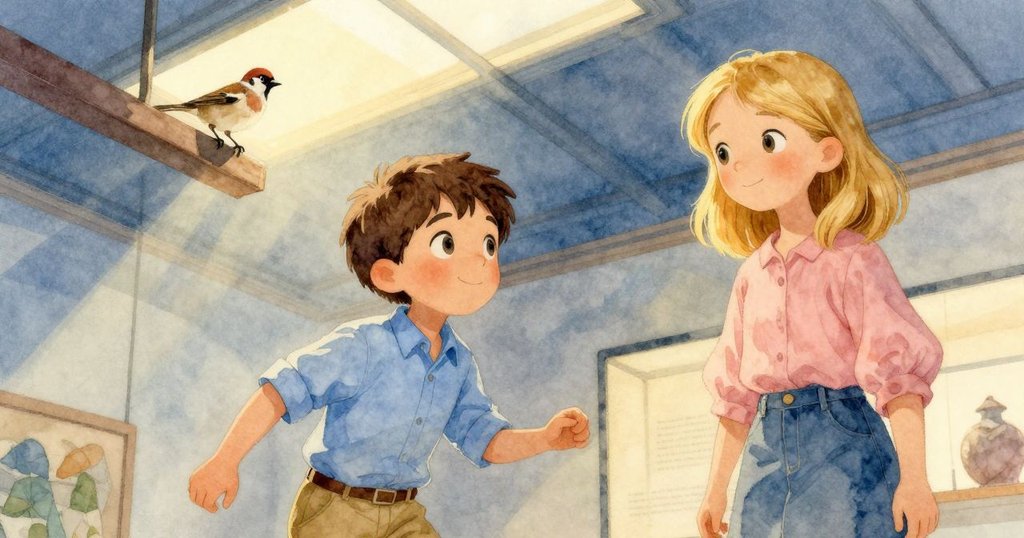 從高處俯瞰博物館內部，一隻麻雀跳上橫梁，光影交錯透出溫暖神秘的氛圍