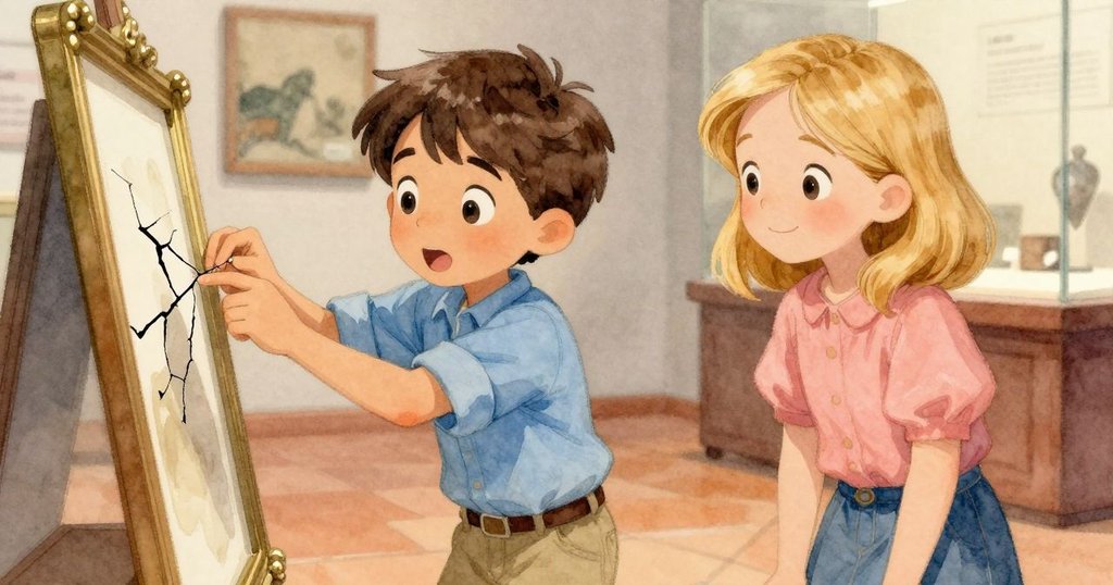 懷亞特仔細查看印台銅框上的細微裂紋，表情充滿矛盾與驚訝，戴芙妮在一旁用關切目光支持