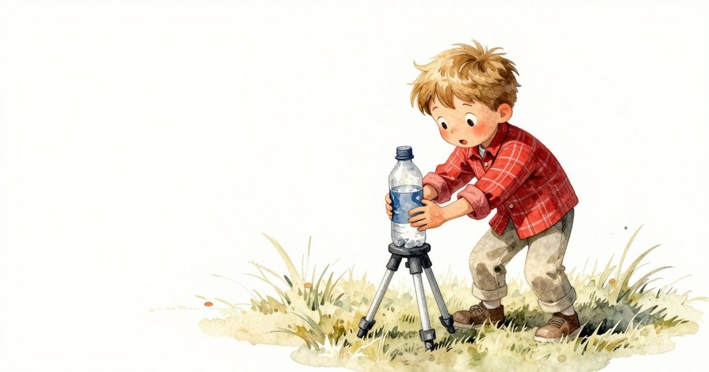 Wilder在戶外草地上進行實驗，調整有紅色油漆點綴的瓶子，環境洋溢著溫暖陽光與自然生機，表情充滿好奇。