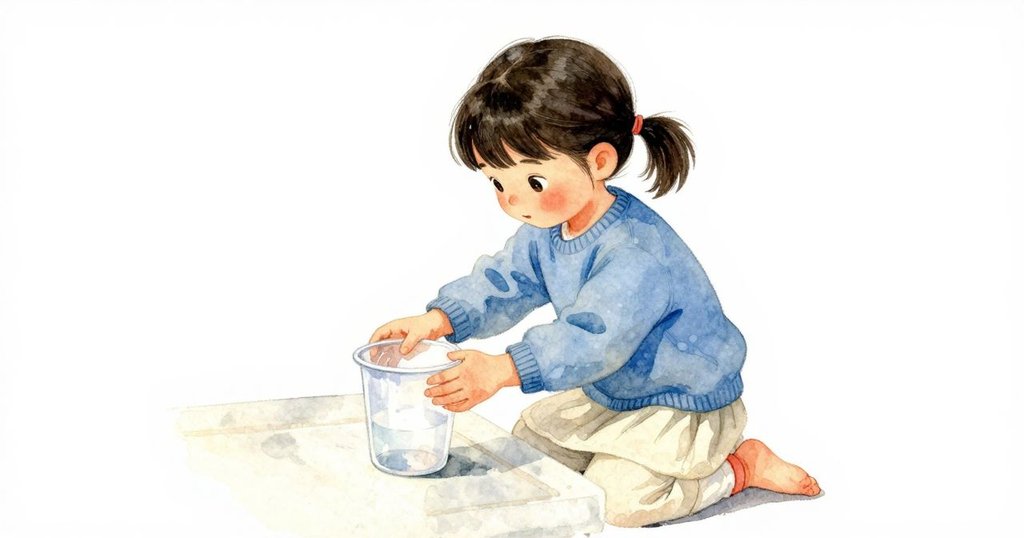 Ella在室內混合區輕敲水壺邊的杯子，展現認真專注的動作，環境井然有序散發溫馨光線。