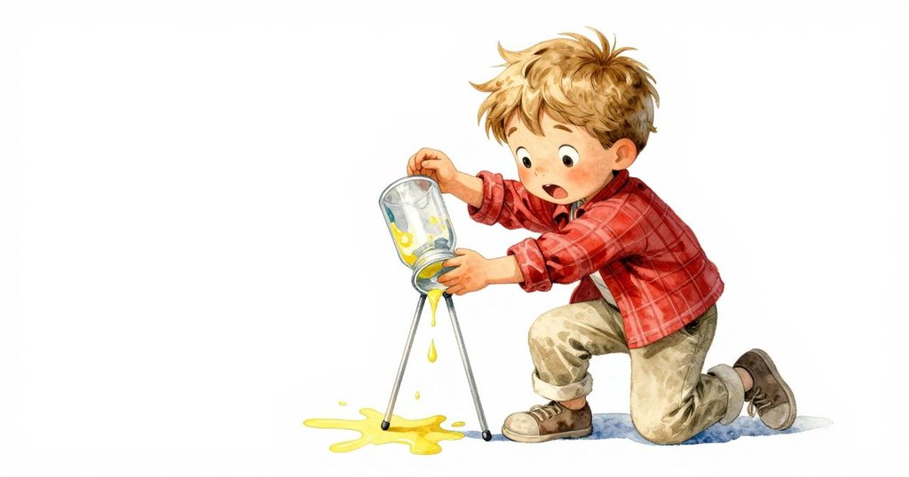 Wilder面對意外事故，瓶子撞擊三腳架引發杯子傾倒，黃色油漆與藍線在紙上融合，場面緊張而充滿挑戰。