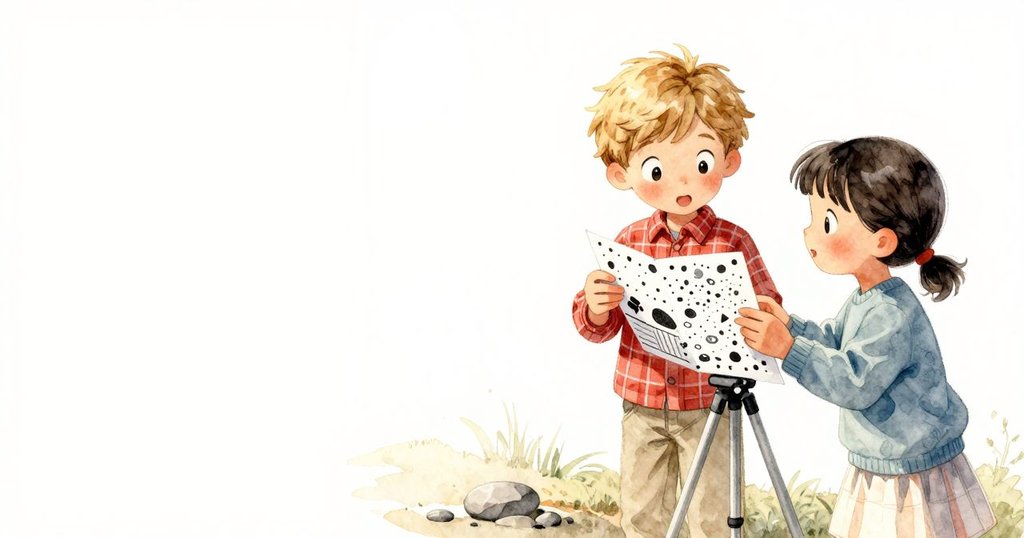 Wilder與Ella共同欣賞實驗成果，紙上融合豐富色彩，穩固的三腳架與夕陽光影下的草地營造出溫馨落幕。