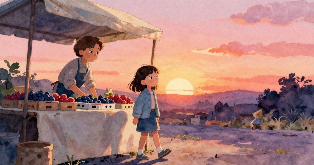 妮娜走進擺有果盒的市場攤位，夕陽餘暉灑下，賣家注視中充滿決心的步伐，環境生動活潑
