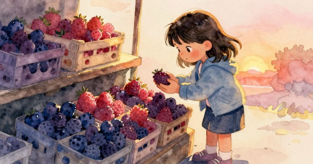 妮娜並排審視兩個果盒，一個在溫暖光線下閃耀，另一個在陰影中靜置，她專注思索選擇