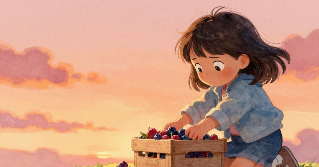 從妮娜背後看，她將果盒傾向溫暖光線，水珠凝結成霜，神情專注而堅定