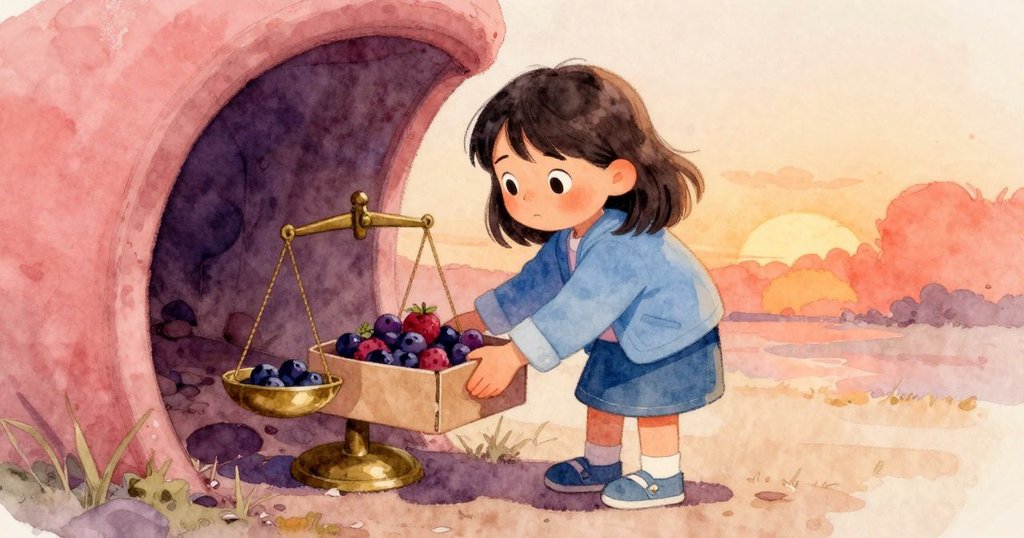 妮娜在銅秤旁的隱蔽處將果盒輕放於陰涼角落，光影交錯間展現果實細節與微裂痕