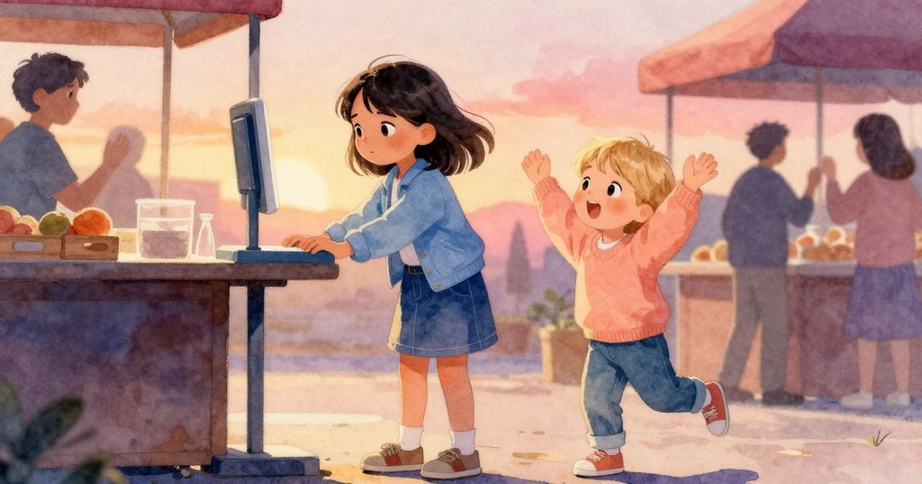 妮娜與兄弟在秤站共慶勝利時刻，紙張輕響中流露溫馨支持與滿足神情