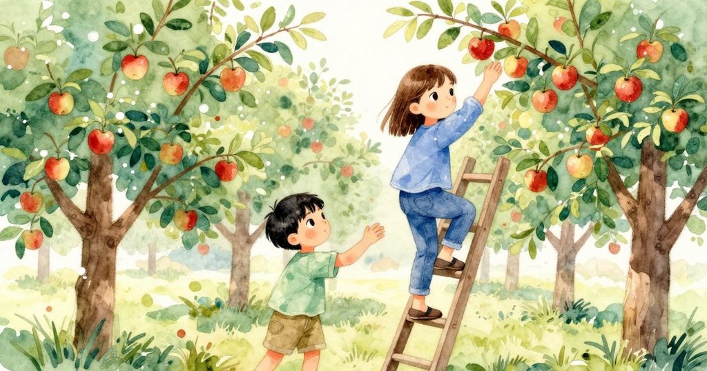 梅伊在陽光果園中平衡爬梯採蘋果，男孩準備籃子，畫面展示溫暖清晨豐富的自然景色。