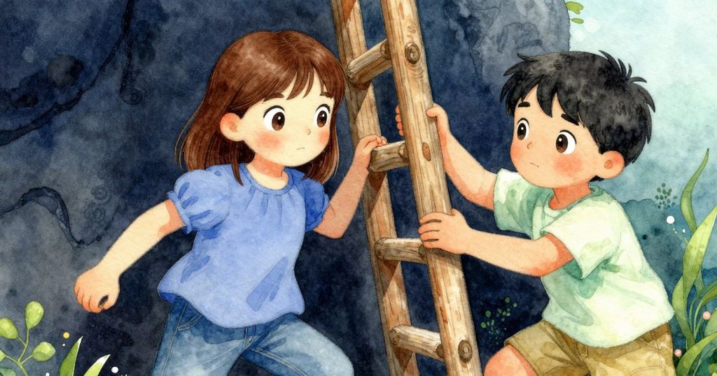 梅伊的手緊握梯子，細膩展示木紋與樹皮粗糙觸感，光影營造自然溫馨情境。