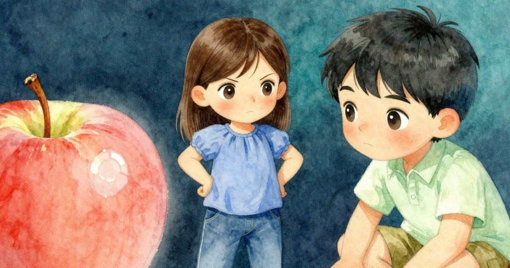 梅伊凝視著光亮熟蘋果，臉上流露出靜謐期待，蘋果映出果園背景，溫柔光線襯托情感。