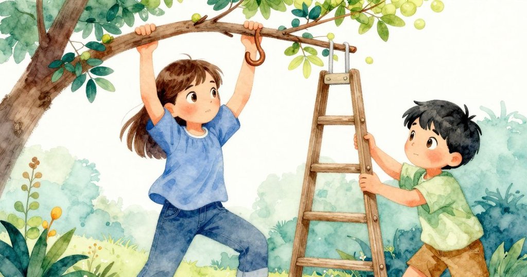 梅伊熟練以木製果鉤勾住搖擺樹枝，男孩穩按梯子，二人默契協作展現自然與動感。