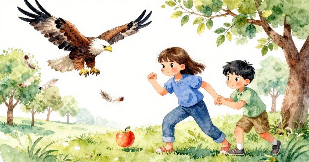 鷹在高空盤旋，輕羽飄落葉間，一顆蘋果滾落在柔軟草地上，動態畫面充滿驚喜與活力。