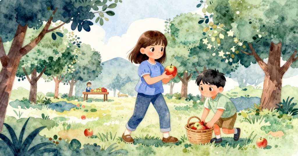 行動結束後，女孩微笑捧蘋果，男孩守籃子，遠處篩選桌靜映果園，畫面傳遞溫馨平靜勝利感。