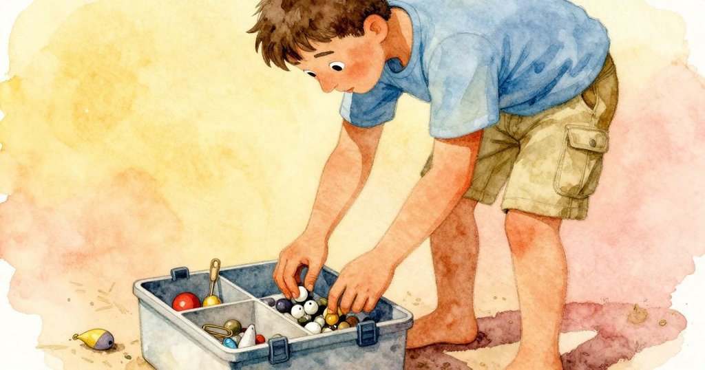 梅里特專注挑選魚餌盒中配件,手指輕拂掛鉤與沉子,畫面呈現溫暖且細膩的質感