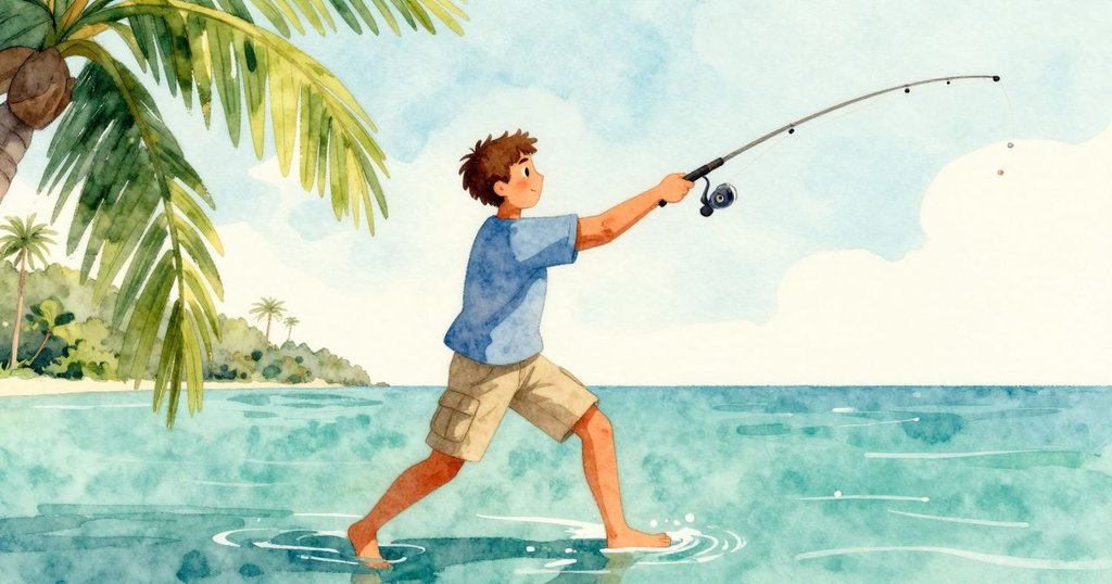 梅里特拋出魚線,魚浮迅捷飛越柳樹邊緣,動感畫面中水面波光粼粼,充滿活力