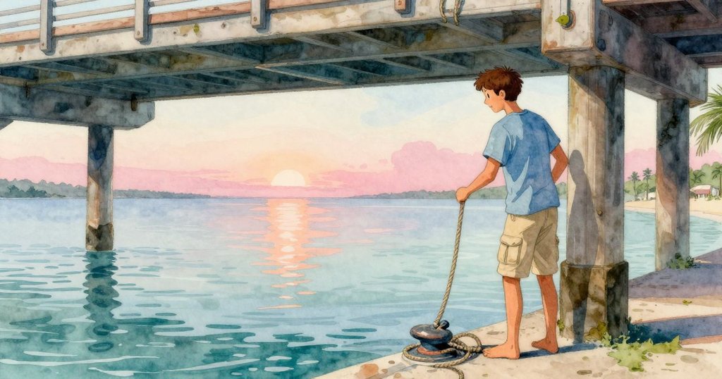 木板下空間靜謐寧和,繩索輕敲粗糙樁柱,橋接動作與湖面寧靜氛圍,呈現過渡時刻