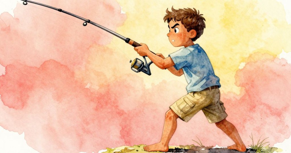 梅里特緊抬釣竿,眉宇間流露堅決與焦慮,動作迅速應對險情,背景水面激起細微波紋