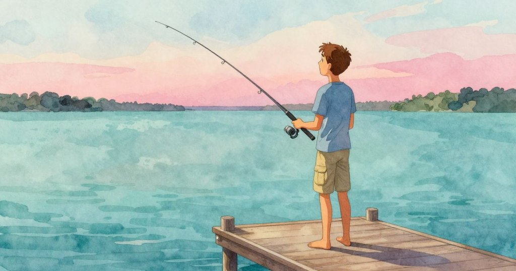 梅里特於寧靜碼頭上滿懷滿足凝視平靜湖水,魚浮精準落定,夕陽餘暉映照開闊場景,結束勞累一天