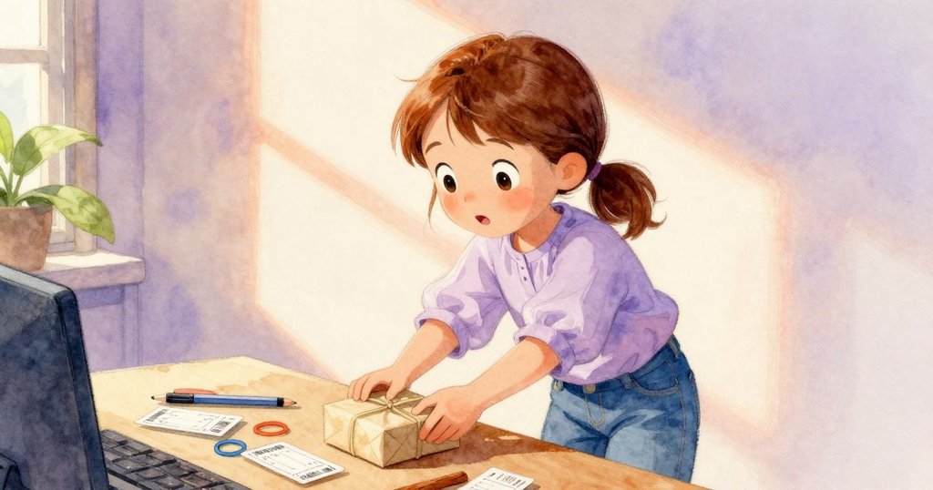 Kaya 將小包裹放在充滿半票、橡皮圈和筆的辦理桌上，背景有散發肉桂香的飲品，燈光微斜，神情充滿期待與好奇。