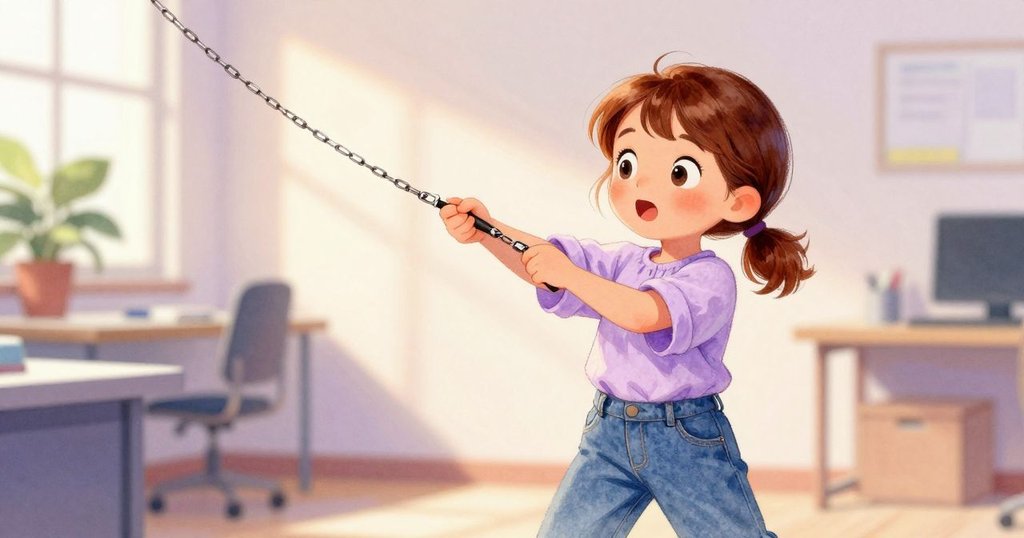 Kaya 代筆時因筆上金屬環卡住而驚訝，特寫表情與桌上散落物品細節明顯，角度傾斜動態豐富。