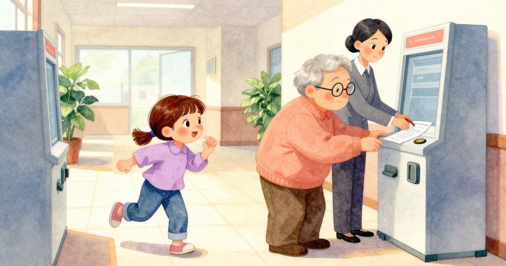 Kaya 匆忙陪同爺爺通過鋪有瓷磚的走廊，背景有自助機退幣與辦公人員蓋章場景，多重動作展現緊張與忙碌。