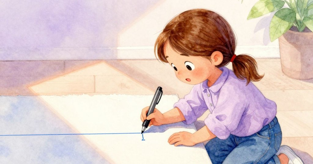 Kaya 用筆在藍線上正確書寫，背景中她專注的臉龐與票據細節交織，表情平靜滿足，場景細緻溫暖。