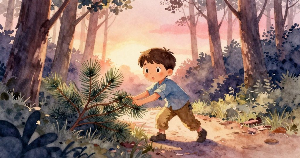 joel於松林中輕推低枝，獨自行走，表情寧靜期待，光線柔和展開奇遇之旅