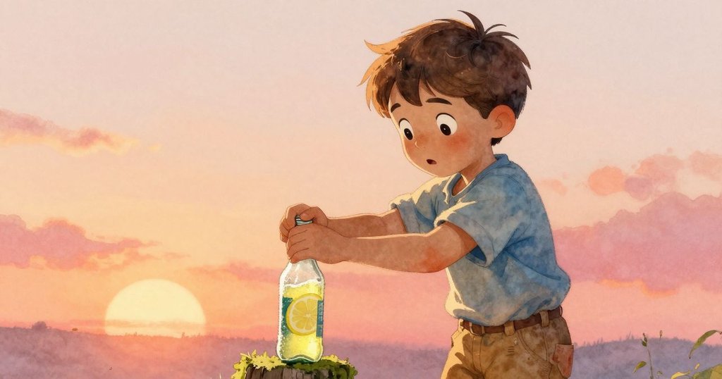 joel專注操作檸檬水瓶於苔蘚指示牌上，手勢細膩展現更新希望，森林環境溫暖柔光