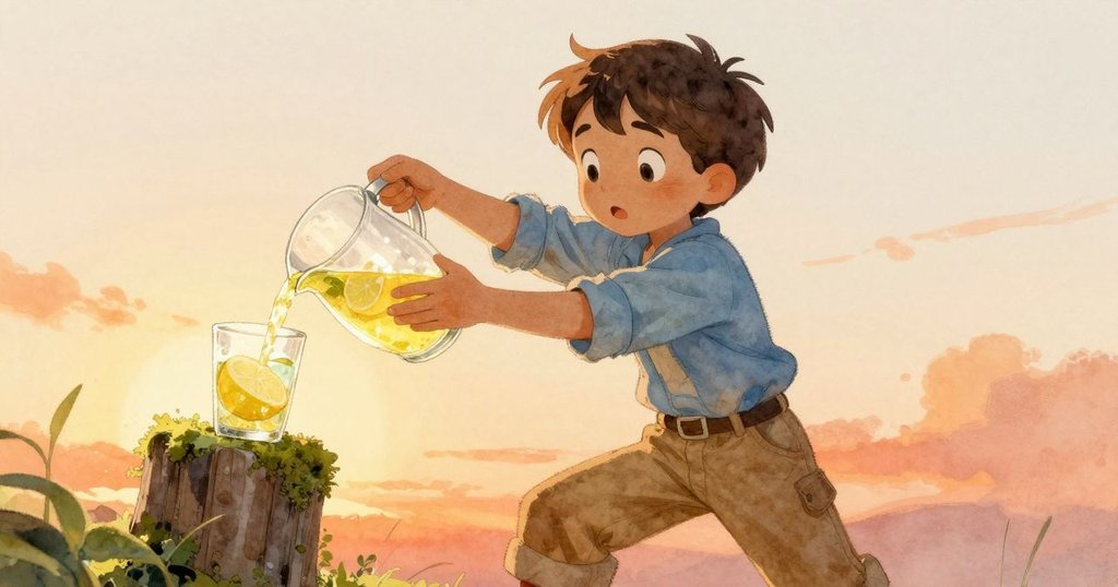 joel自低角度展示倒檸檬水於苔蘚指示牌，堅定神態映襯暖光，呈現靜謐英雄氣概