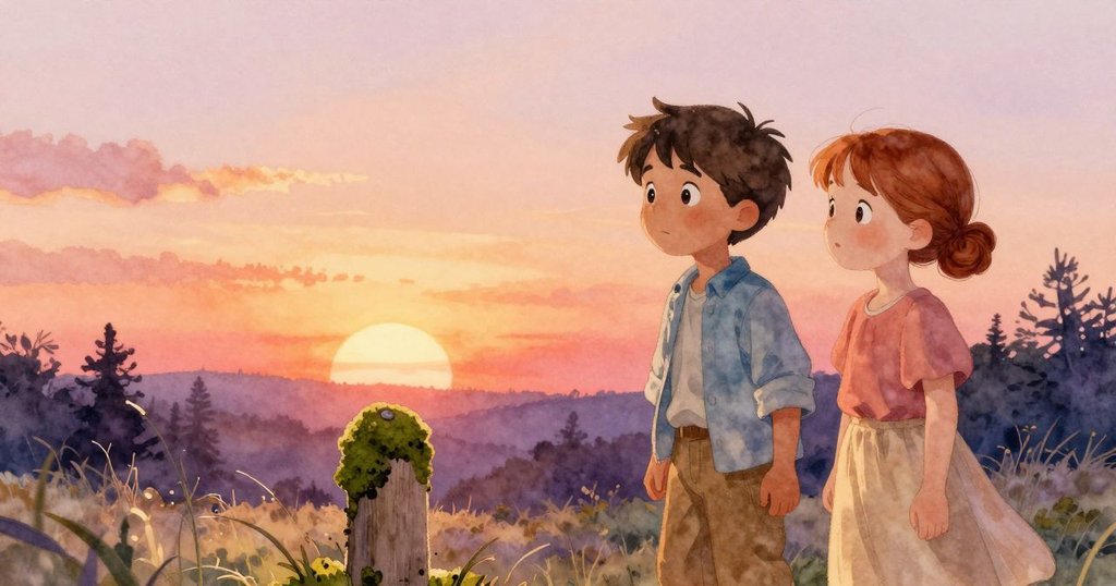 joel與cora在清潔指示牌旁溫馨重聚，愉悅微笑映襯森林黃昏，周遭有小蟻忙碌見證恢復