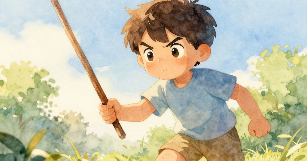 麥斯面部特寫,握著細木棒,神情堅毅且專注,晨光柔和照亮其微微受傷之手