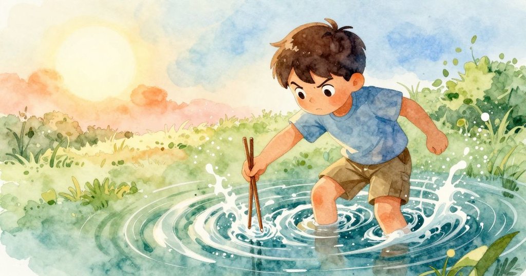 從高角度觀看麥斯用筷子攪拌水盆中的水流,水面上隱現初生漩渦,動作專注