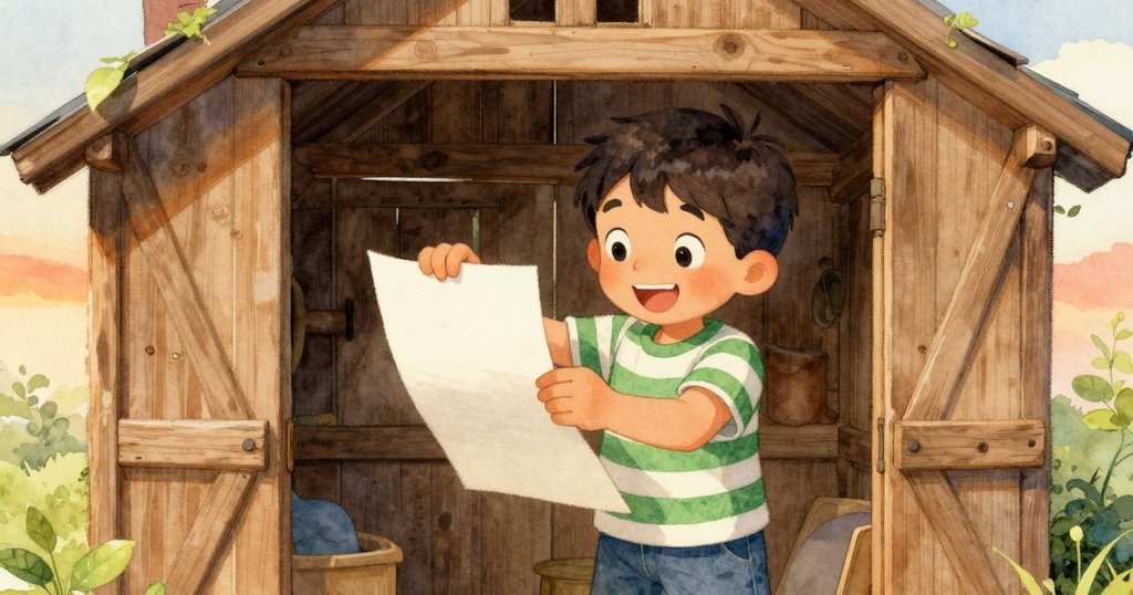 奧利安在木棚內手持筆記本大笑,注意到風吹翻的紙頁,室內與戶外光線柔和交融