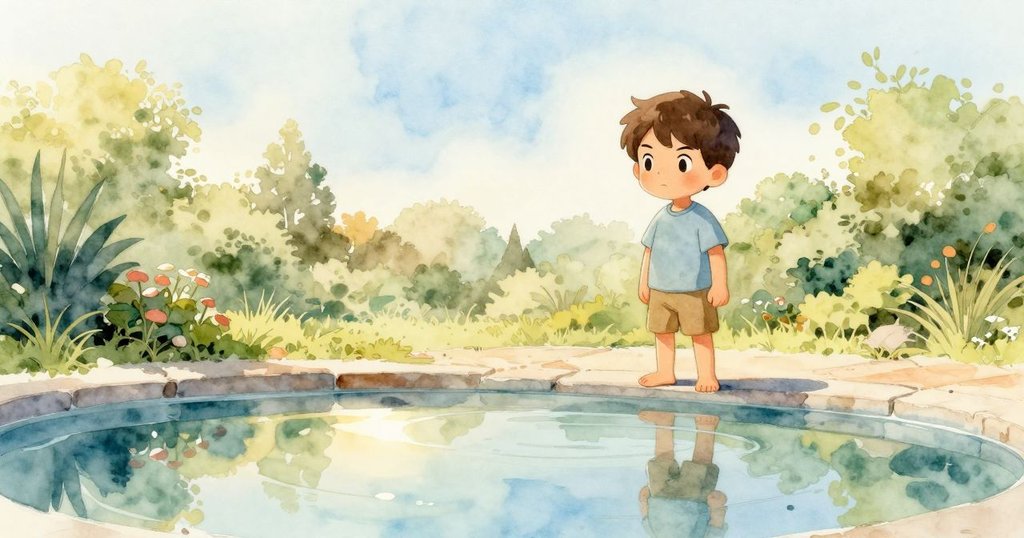 麥斯靜立於鏡面水盆邊,注視中心木塊與平靜水面,柔和光影中蘊含著實驗的終局思考