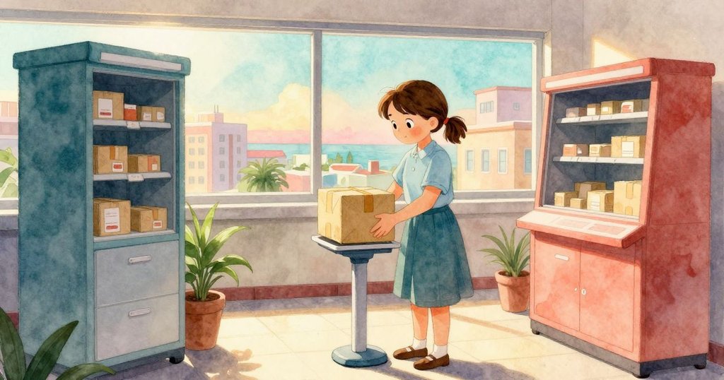 Elise 放置棕色包裹在自助秤上，明亮窗外屋頂與陽光灑入室內，展現溫暖期待的心情。