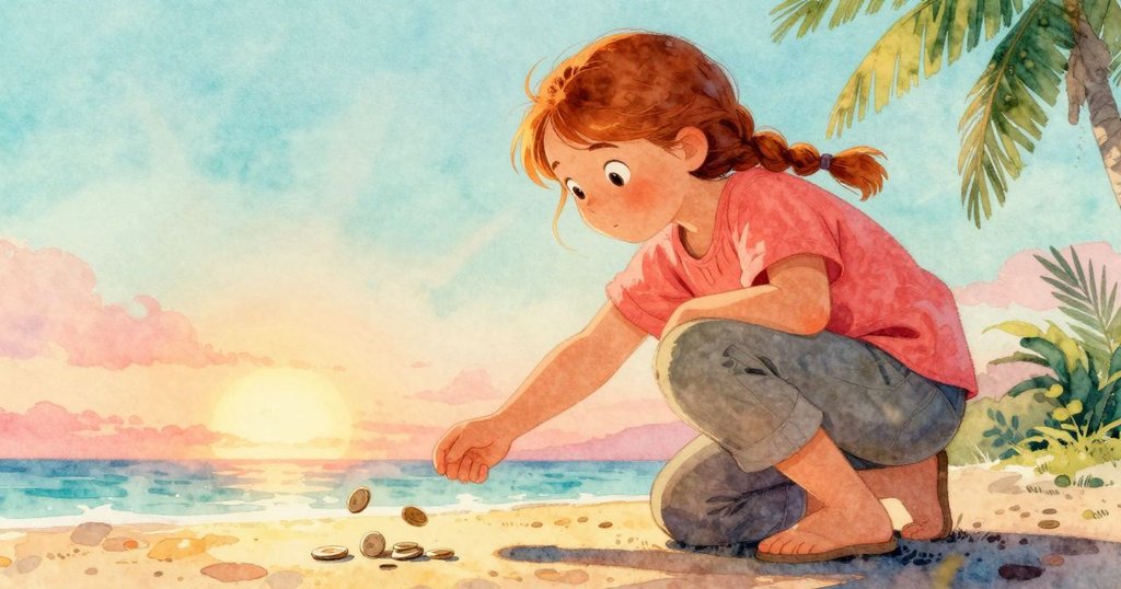 Thalia 蹲下撿起滾落硬幣，低角度呈現動態動作與光影交錯，表情專注細心。