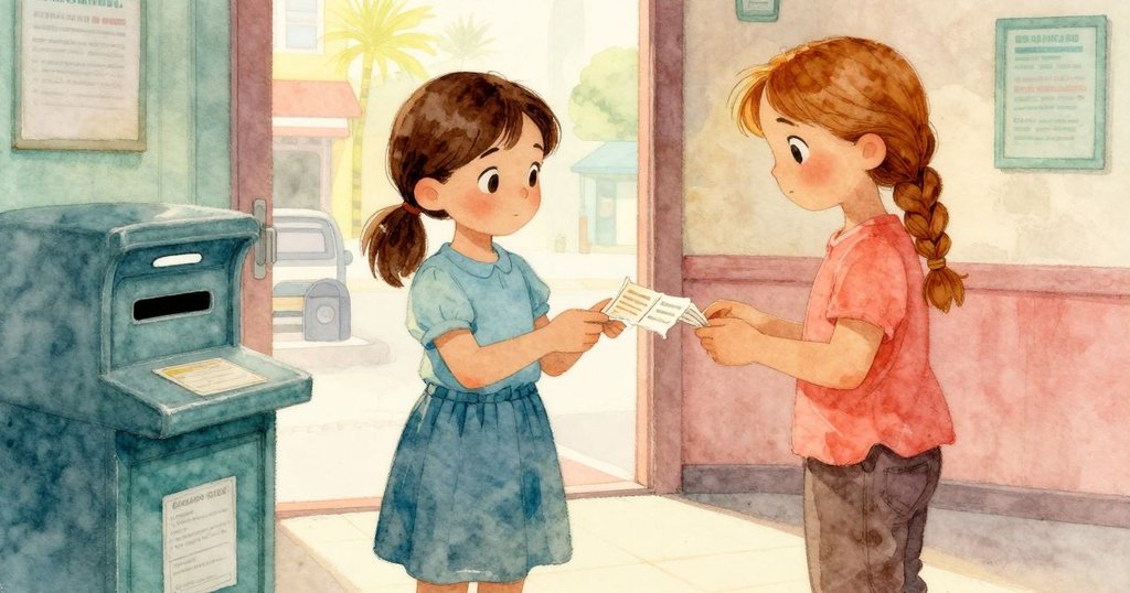 Elise 與 Thalia在室內郵局互動，展示破損號票與包裹細節，背景透出都市氣息與溫暖氛圍。