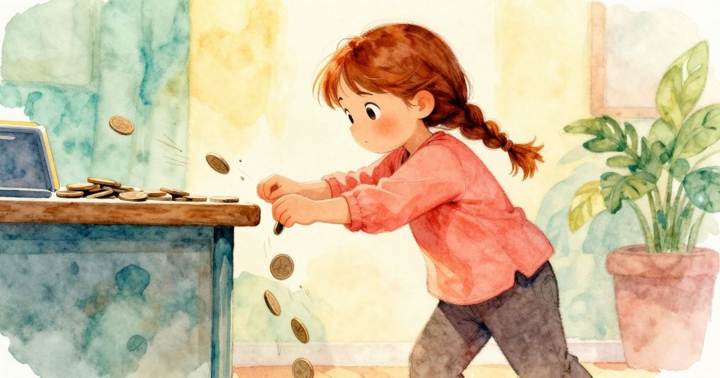 硬幣在桌腿上滾動，Thalia 細心操作投幣，自助秤數字變化，呈現忙碌卻專注情景。